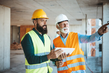 A bearded worker in a yellow hard hat and a senior manager in a white hard hat examine site...