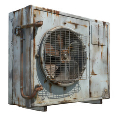 Air conditioner with rust and peeling paint featuring a front grille and pipes Game Art concept on transparent background