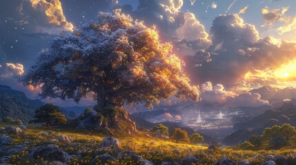 Beautiful fantasy tropical in night skies with tree, and shining moon, night sky with moonlight between forest 