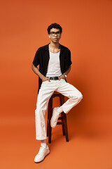Handsome African American man sitting on a stool against an orange background.