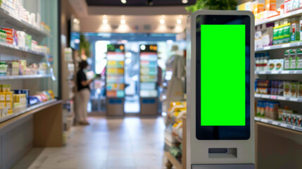 A close-up shot of a digital kiosk with a blank green screen display, located inside a pharmacy. The kiosk is positioned against a shelf with various products.