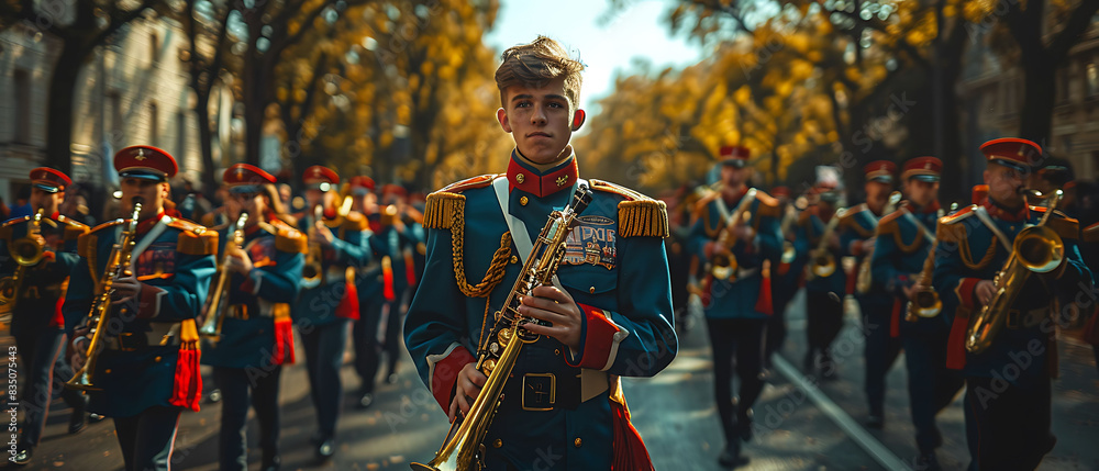 Poster memorial day parade with marching bands and colorful floats captured using highspeed photography and