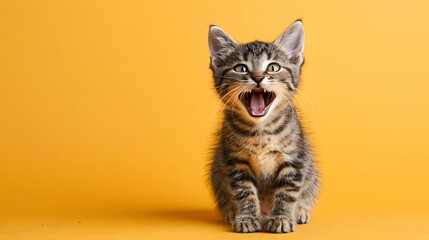 Obraz premium Portrait of happy excited cute kitten isolated on yellow background with copy space.