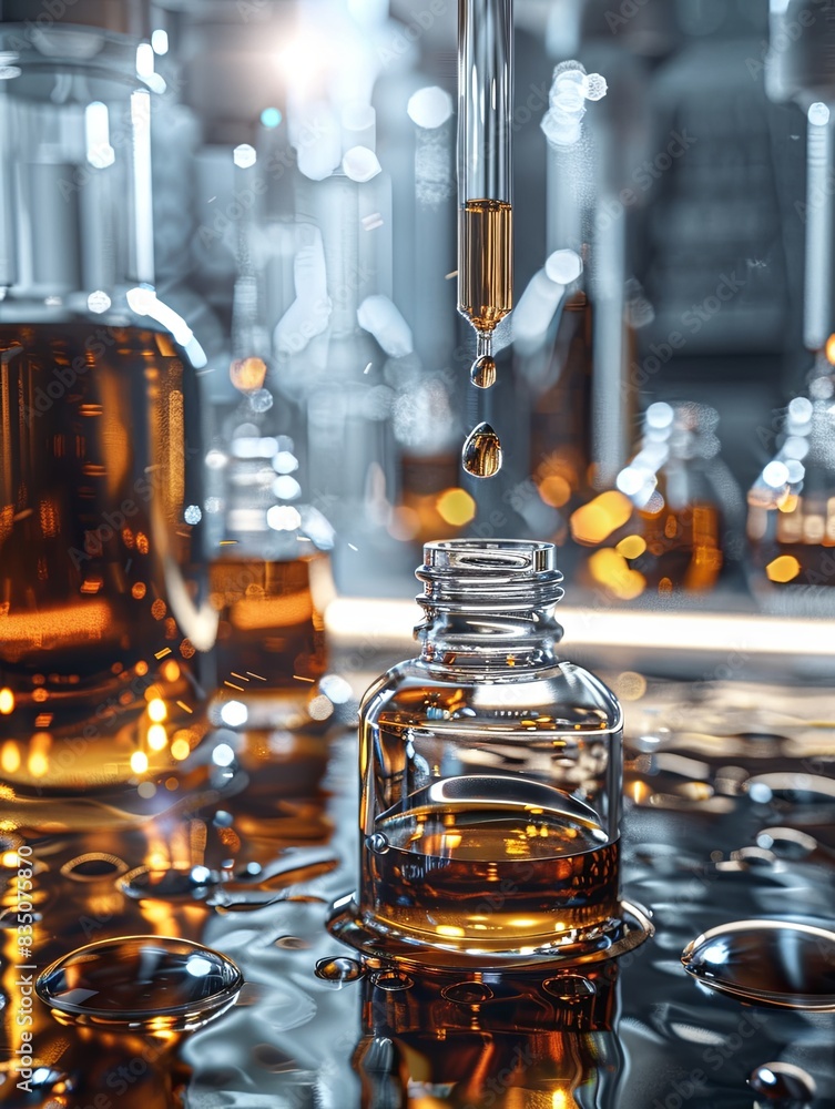 Poster close-up of glass bottles filled with serum in a laboratory setting. generative ai