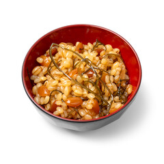  Bowl with Japanese Natto Miso close up isolated on white background