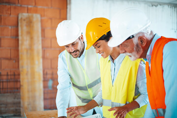 Two men and a woman in hard hats and reflective vests review blueprints at a building site,...