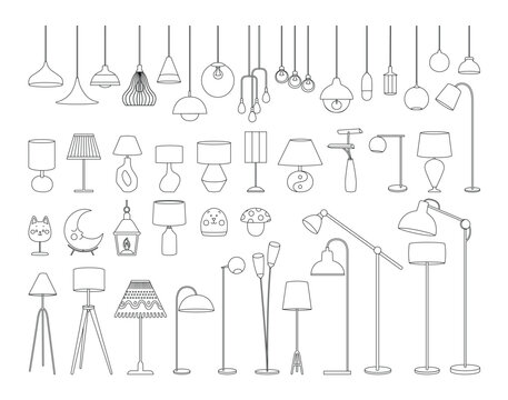 Lamp outline icon set. Line art vector floor lamp, nightlights, chandeliers ceiling lamp, table lamp. Linear sketches of interior light furniture for decor. Vector illustration isolated on white.