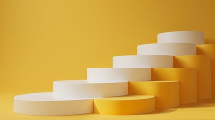 A series of circular yellow and white steps are arranged in an ascending pattern against a brightly lit yellow background.
