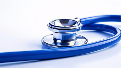 A close-up of a blue stethoscope resting on a white surface. topic medical equipment that is often used for auscultation, an important part of a physical examination.