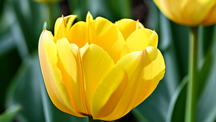 Naklejka premium Close-up of a yellow tulip with brightly colored petals, slightly open, against a background of blurred green foliage and another tulip.