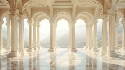 Fototapeta premium Simplicity, beauty, a beige background, classical architecture style with large arches and columns, a stone floor, large windows with a view of a natural landscape.