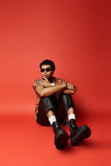 African American man in sunglasses sitting on red background with black boots.