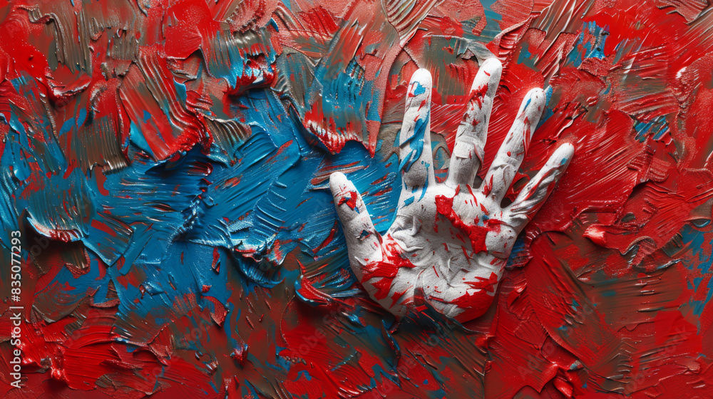 Poster colorful abstract artwork featuring a painted handprint on a textured canvas with blue and red paint