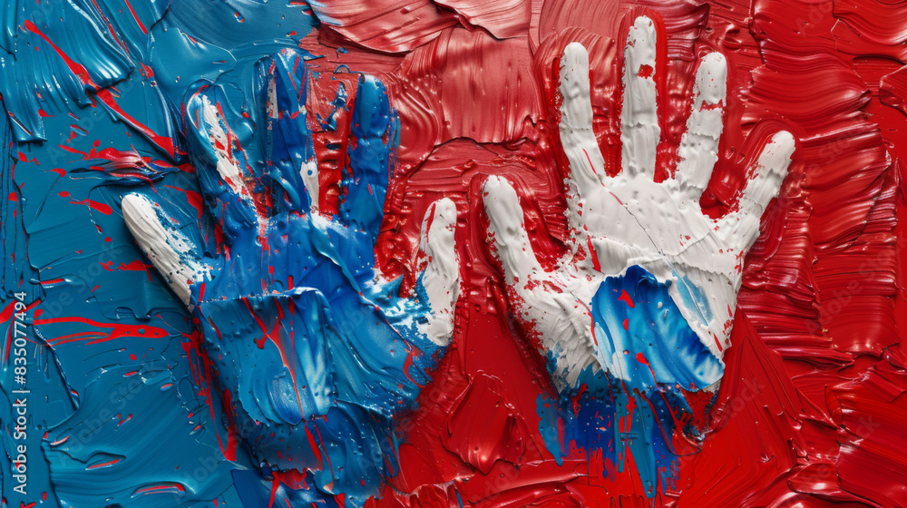 Poster colorful handprints on a textured surface with blue and red paint, creating a vibrant and artistic r