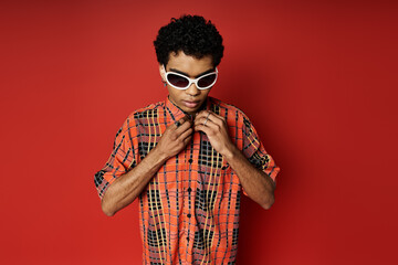 Young man in sunglasses on red background.