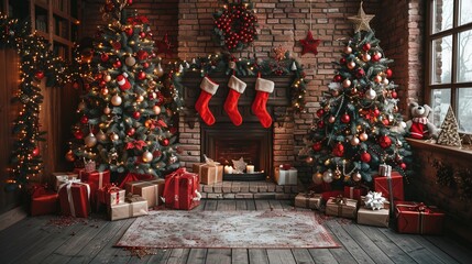 Christmas backdrop for photo studio, christmas tree, presents and toys