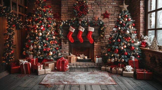 Christmas backdrop for photo studio, christmas tree, presents and toys