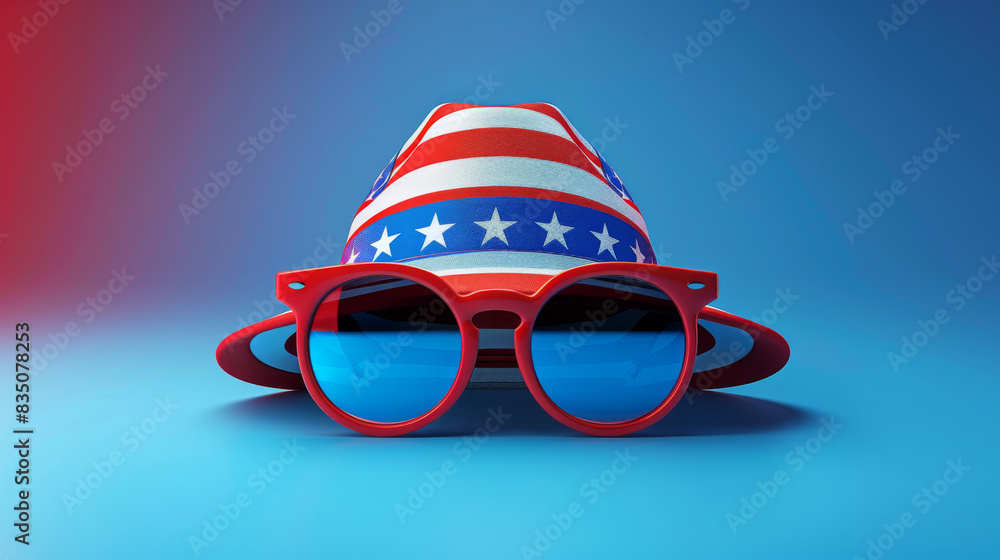 Wall mural red sunglasses and a patriotic hat with stars and stripes on a blue background, symbolizing american