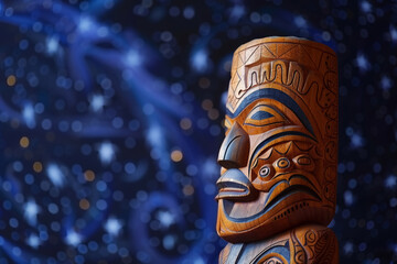 Wooden idol against the backdrop of a night sky full of stars and constellations