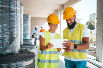 A male and female construction worker, wearing reflective vests and hard hats, use a tablet to...