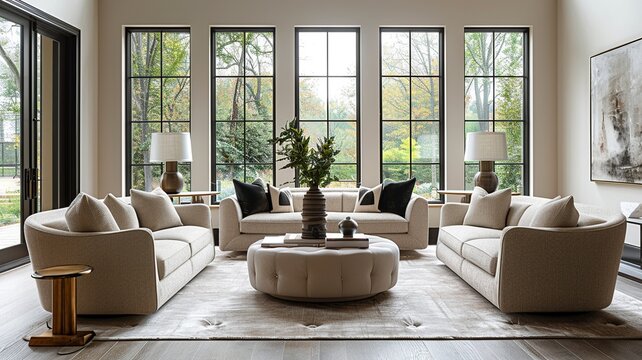 Experience the epitome of European elegance in this modern living room featuring elegant contemporary furniture, sophisticated decor accents