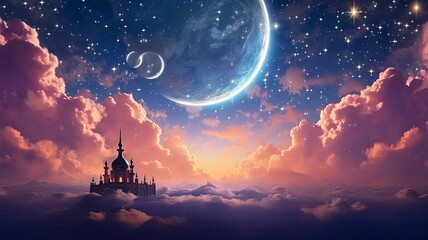 Ramadan dusk picture. Beautiful religious background with crescent, stars and glowing clouds, copy space, generative ai