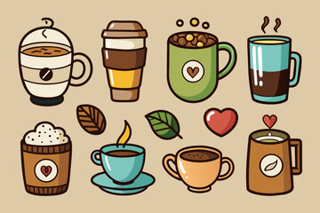 three coffee cups with different colors and designs, Set of hand-drawn coffee cup icons with different flavors and designs