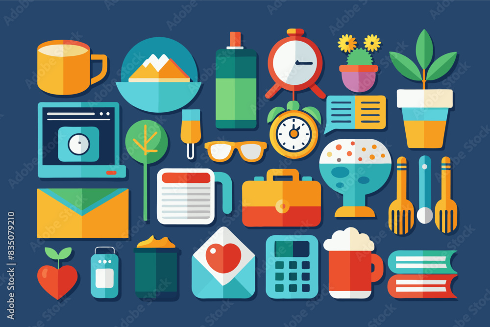 Poster a bunch of different items that are on a blue background, Set of flat design icons depicting everyday objects in a minimalist and colorful style
