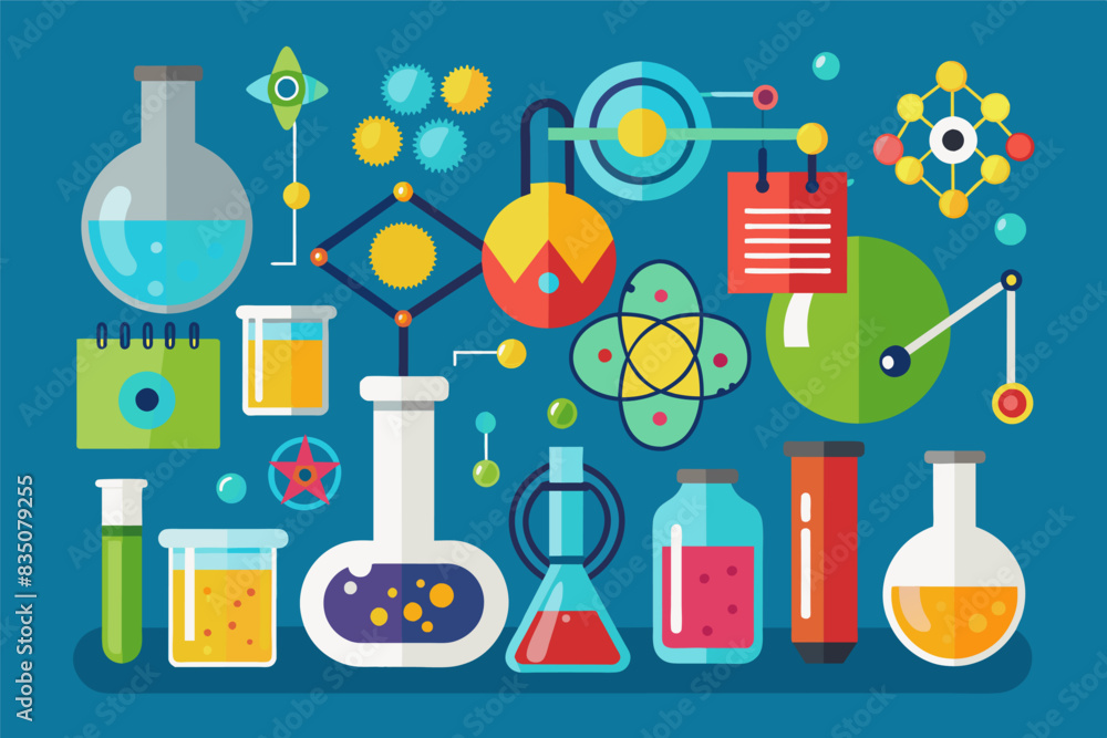 Aufkleber a science lab with various laboratory equipment, Set of flat design chemistry element icons with symbols and atomic numbers