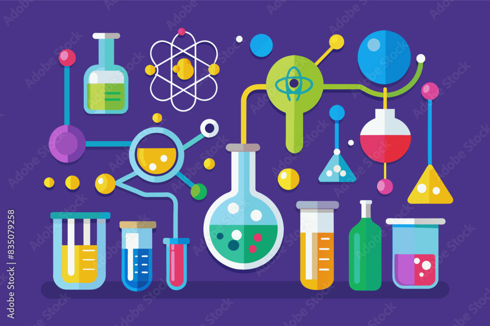 Poster a science lab with various laboratory equipment, Set of flat design chemistry element icons with symbols and atomic numbers
