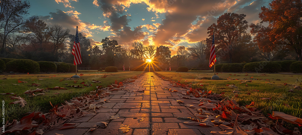 Poster memorial day tribute with a line of flags leading up to a memorial site captured using hdr imaging a