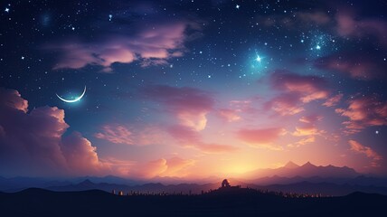 Fototapeta premium Ramadan dusk picture. Beautiful religious background with crescent, stars and glowing clouds, copy space, generative ai
