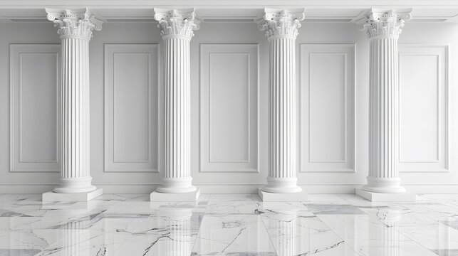 Three-dimensional white illustration of four Greek columns on the left side, placed against a light background.