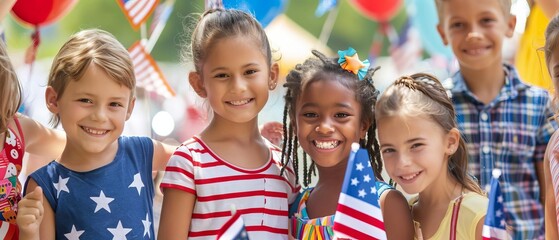 Group of happy children celebrating Independence Day with flags and festive decorations, enjoying the summer outdoor event together.