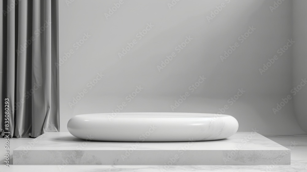 Poster A white round object rests atop a white platform in a minimalist setting.