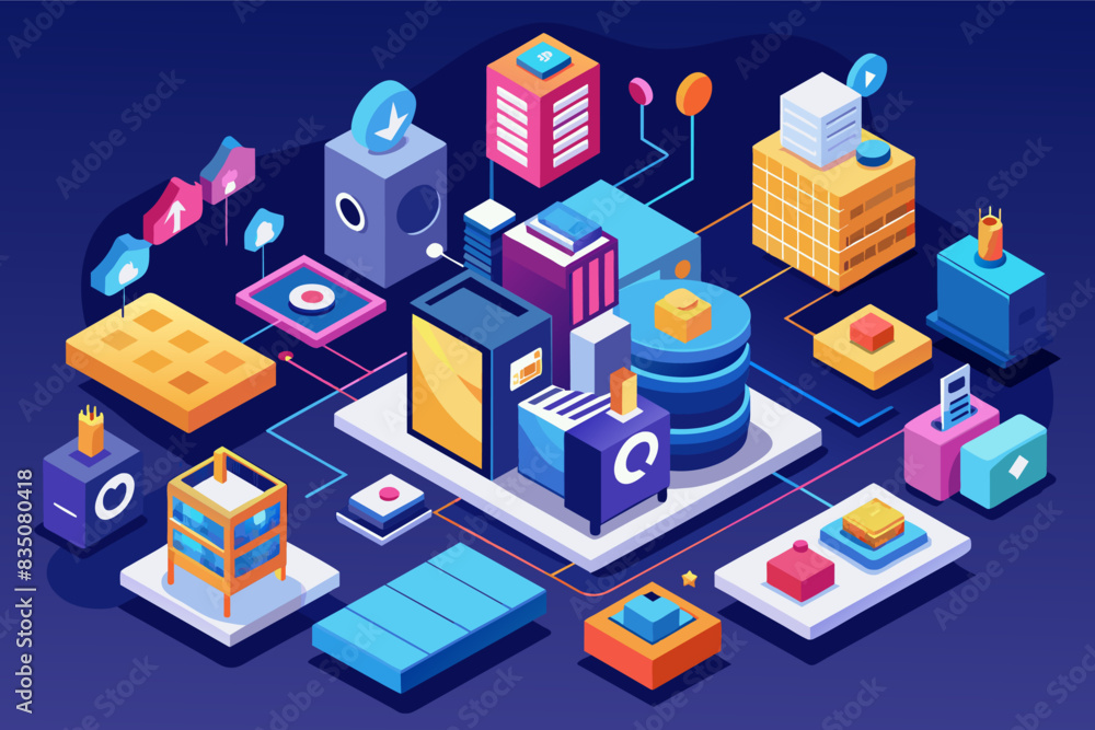 Fototapete a city with buildings, trees, and other objects, Isometric icon vector environment where a collection of icons seamlessly integrate into a larger isometric scene