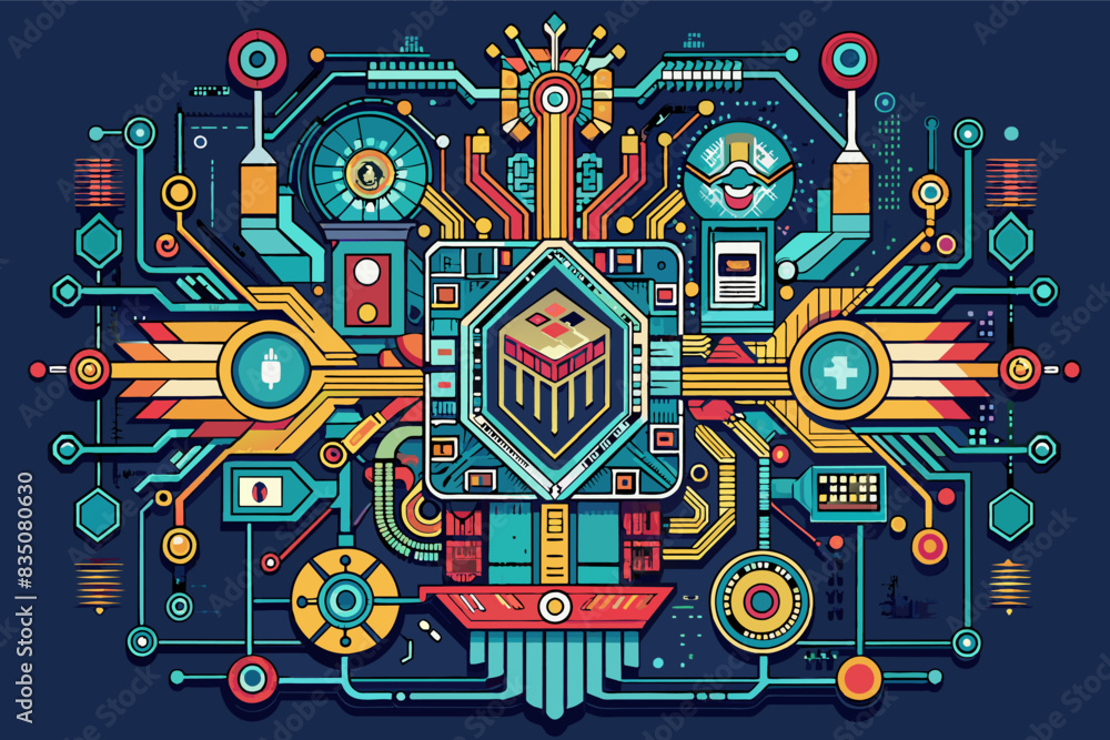 Aufkleber a computer circuit board with various electronic components, intricate circuitry designs