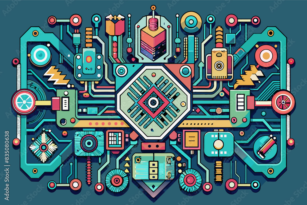 Aufkleber a computer circuit board with various electronic components, intricate circuitry designs