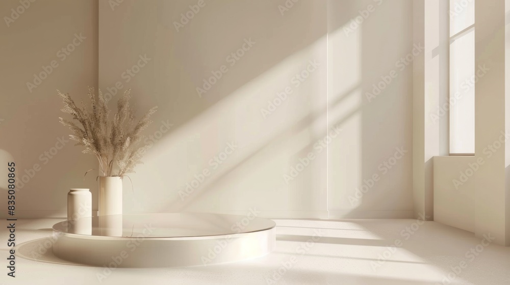 Aufkleber a serene minimalist interior featuring dried flowers in a vase on a circular table. sunlight streams