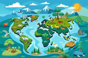 a cartoon world map with a river and trees, Interactive map highlighting the world's different ecosystems and their biodiversity