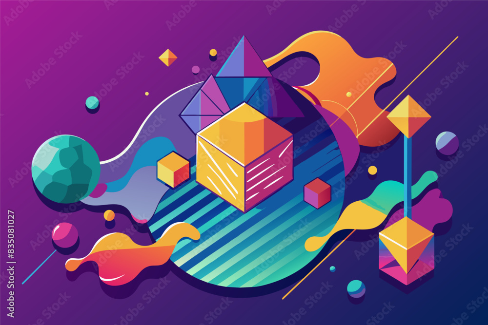 Fototapete a colorful illustration of a cube surrounded by other objects, Geometric shapes overlaying a fluid background with precision