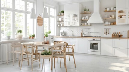 A stylish Scandinavian kitchen with white cabinetry and light wood countertops The floor is made of light gray tiles