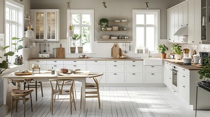 Modern, bright kitchen interior with white cabinets, wooden countertops, and natural light from large windows creating a welcoming atmosphere.