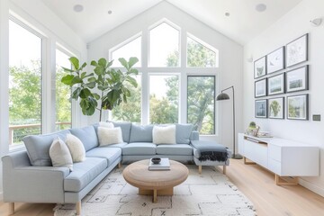 Fototapeta premium A bright and airy Scandinavian living room with light wood floors and large windows that let in natural light The room features a light blue sectional sofa with white and gray cush