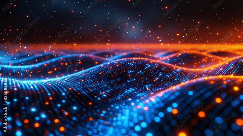 Poster abstract digital landscape with glowing blue and orange lines and dots, representing data flow and t