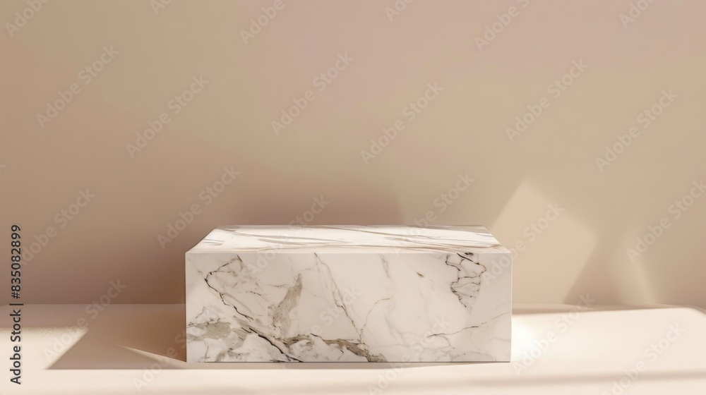 Aufkleber A marble box rests on a sunlit table inside a minimalist space, casting soft shadows in the ambient light. The marbles veining pattern is clearly visible.