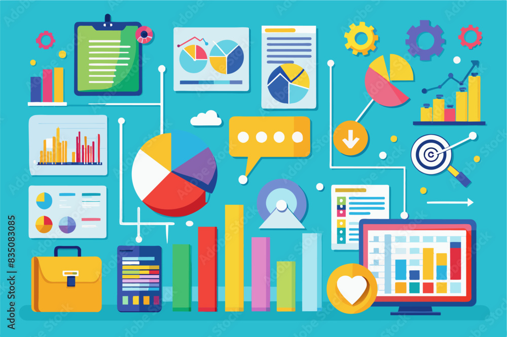 Poster a blue background with various icons and graphs, business infographic showcasing data and statistics