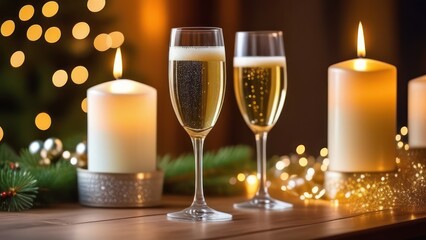 glass of champagne, beautiful bokeh, light background 