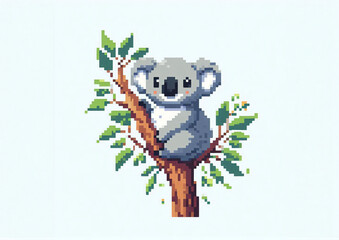 Pixel art illustration of koala sitting on eucalyptus tree