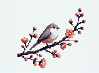 Pixel art illustration bird sitting on blooming twig
